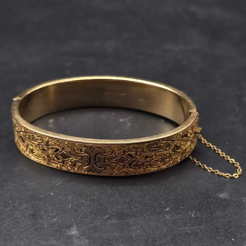Dunn Bros 10K Gold Filled Bangle Bracelet Etched Vintage Costume Jewelry
